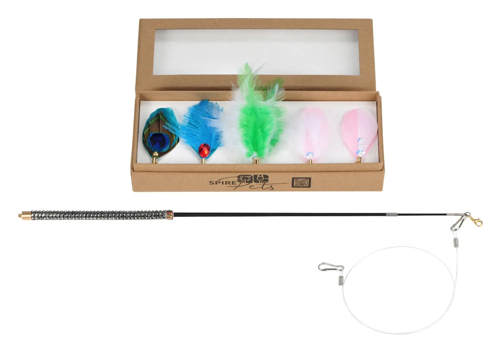 Canne à pêche en forme de chat avec 5 plumes - plumes de chat avec canne à pêche